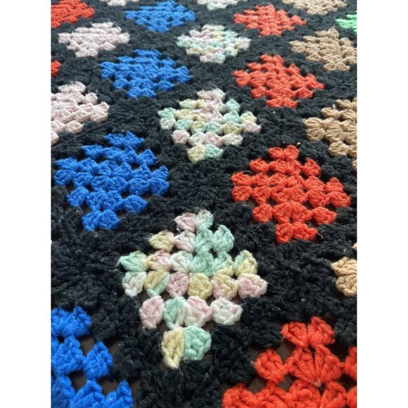 Vintage Granny Square Afghan Handmade Knitted Throw Lap Blanket - Picture 5 of 12
